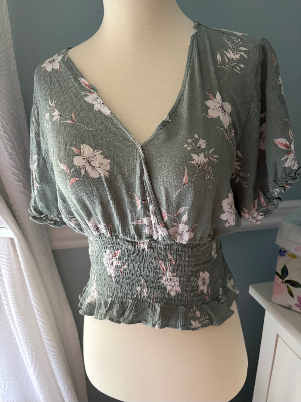 Sage Green Floral Smocked V-Neck Crop Top